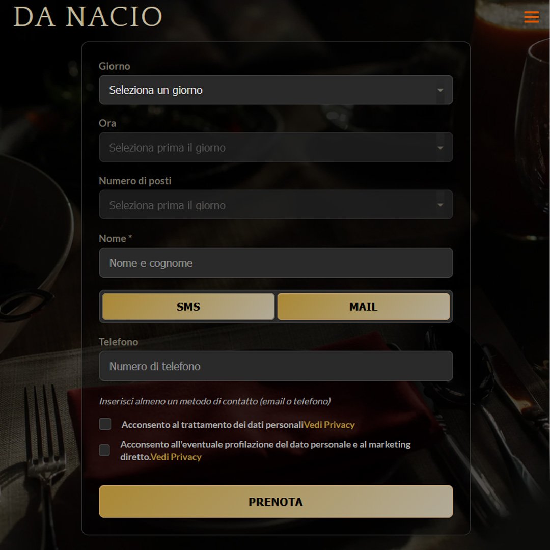 Sito Da Nacio: menu online e modulo di prenotazione tavolo